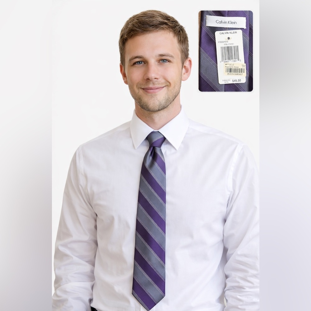 Calvin Klein Purple Gray Striped Tie Men Silk Look NWT